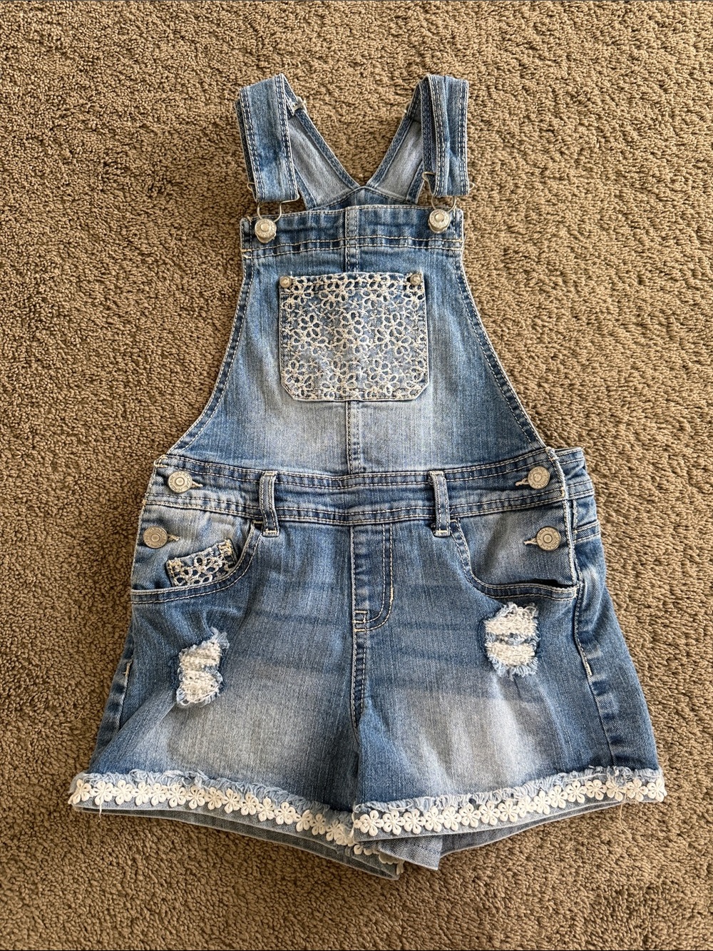 Jordache Light Blue Denim Girls' Short Overalls with Lace Pocket